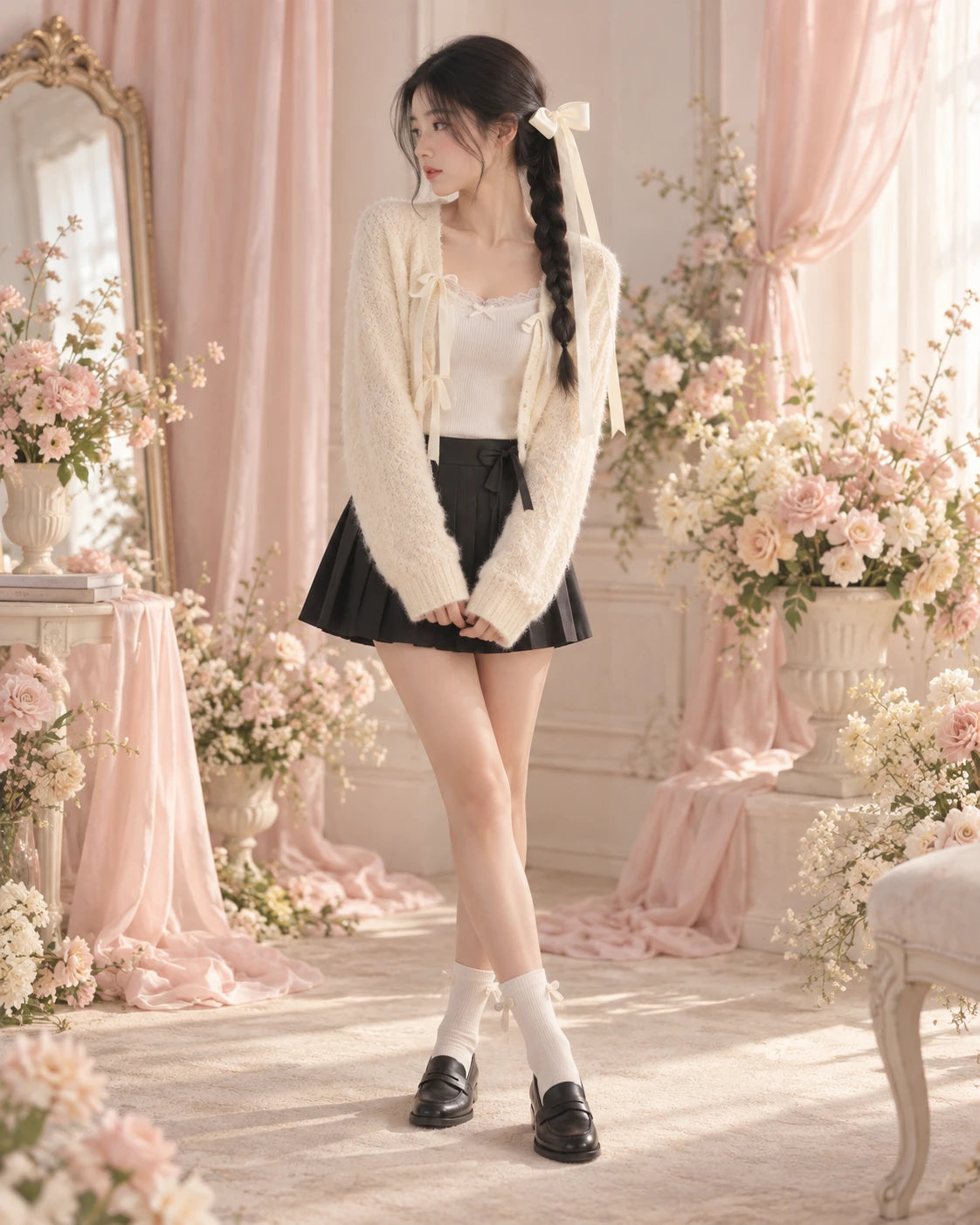 AI styling inspiration — Seoul Campus, Ribbon edit with white hair bow. Not an exact product photograph; refer to supplier images for actual details.