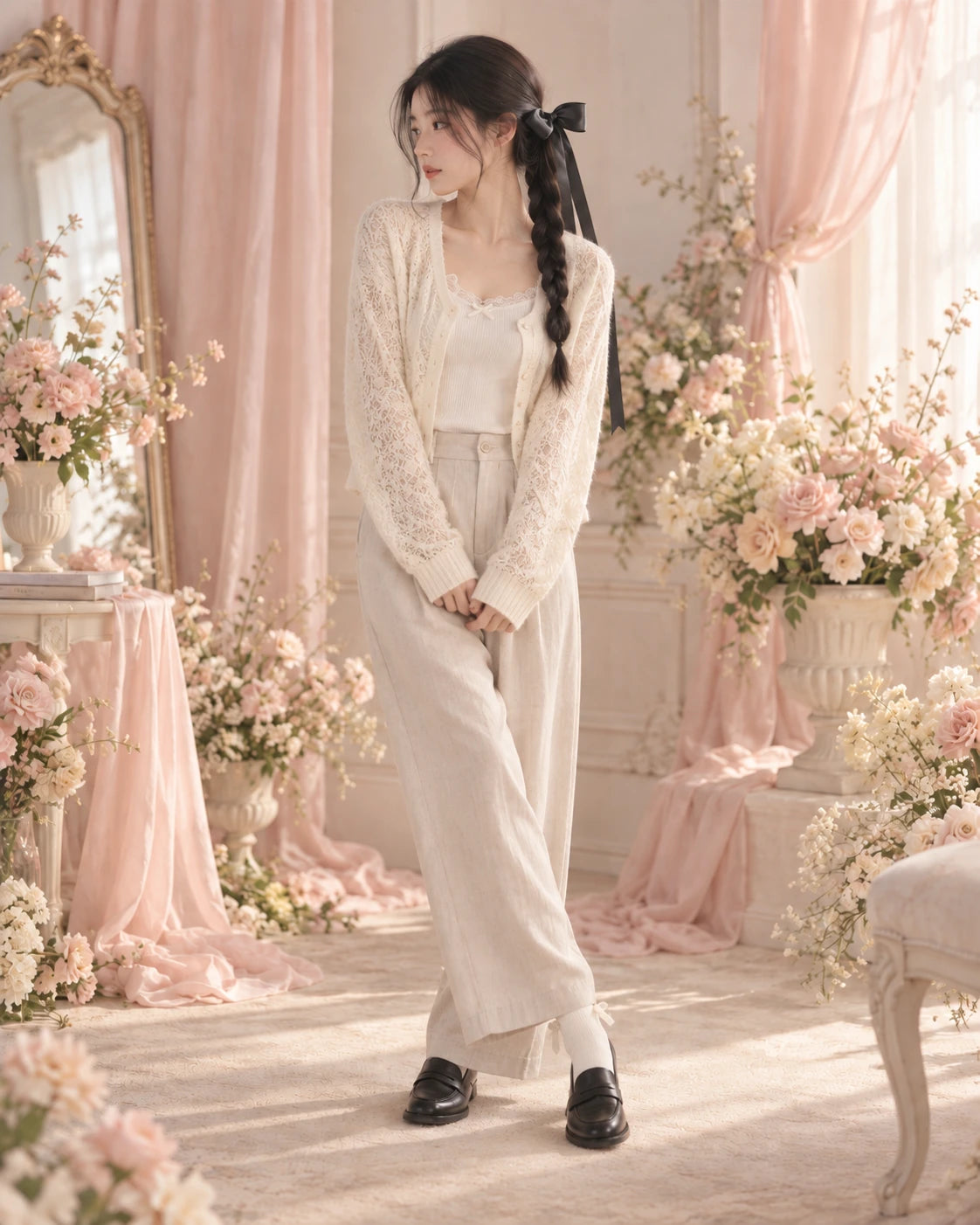 AI styling inspiration — Seoul Cafe, Ribbon edit with black hair bow. Not an exact product photograph; refer to supplier images for actual details.