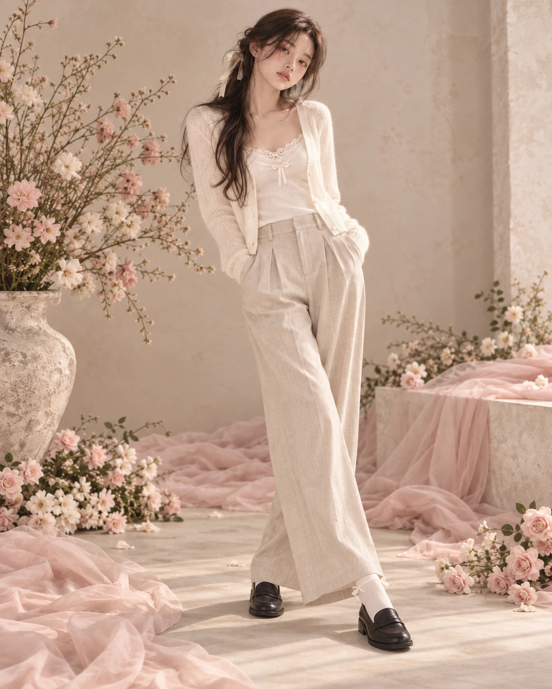 AI styling inspiration — Seoul Cafe, Studio edit. Not an exact product photograph; refer to supplier images for garment and footwear details.