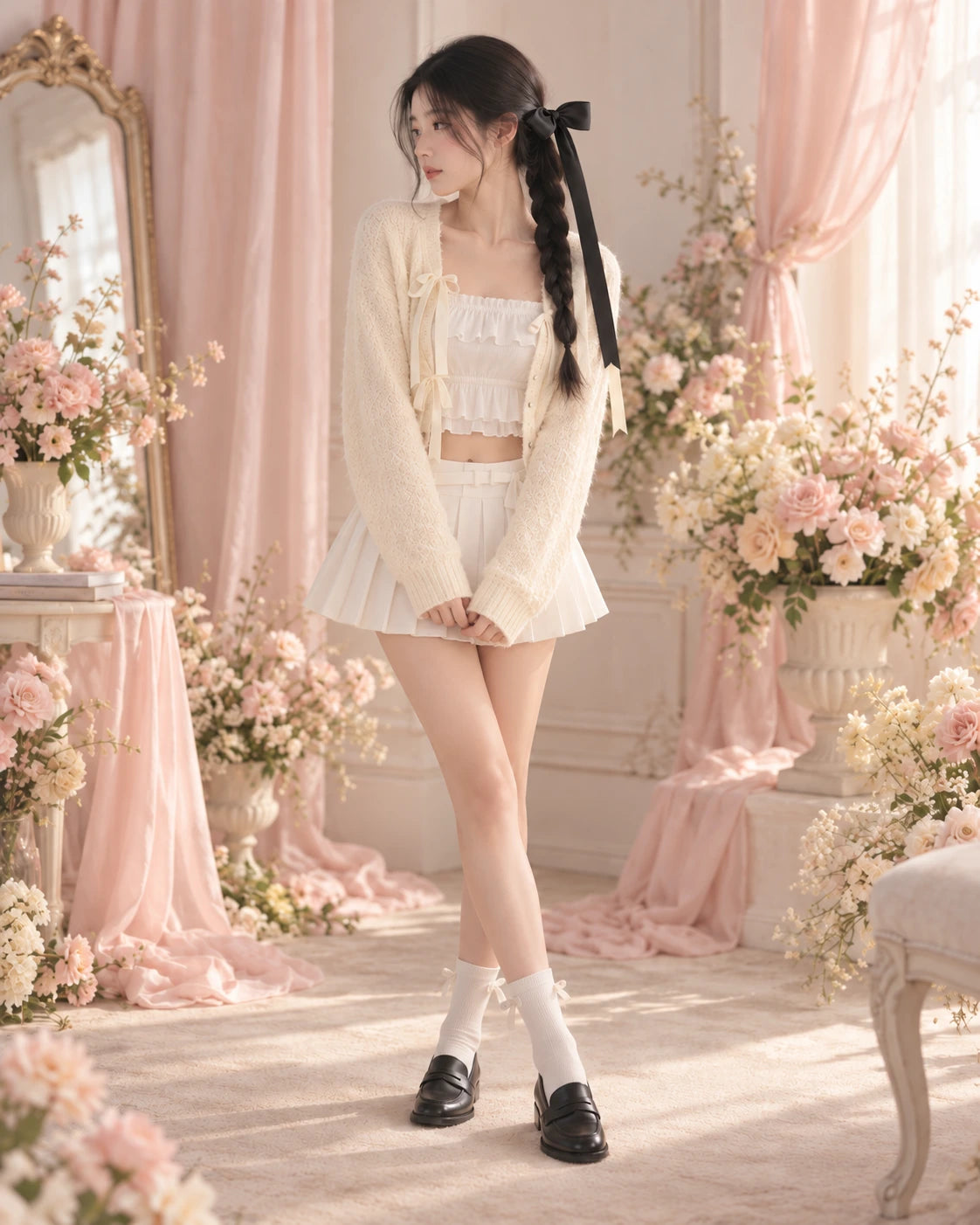 AI styling inspiration — Soft Ballet, Ribbon edit with an ivory ribbon layer and black hair bow. Not an exact product photograph; see supplier images.