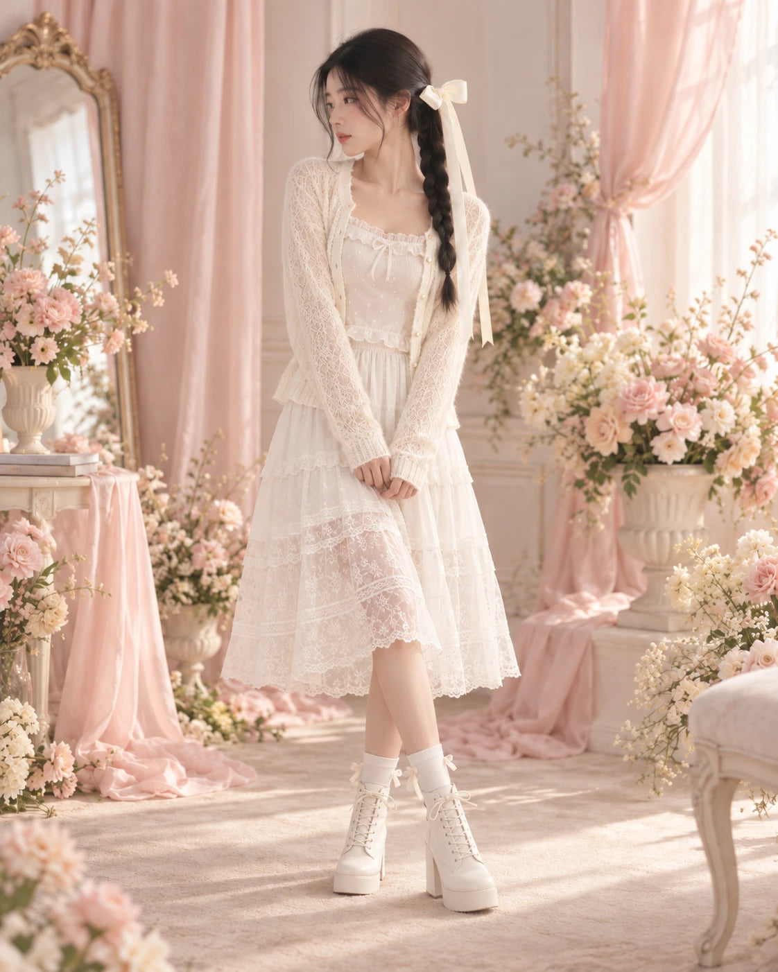 AI styling inspiration — Lace Afternoon, Ribbon edit with white hair bow. Not an exact product photograph. Pictured heeled boots are not sold by rueseo.
