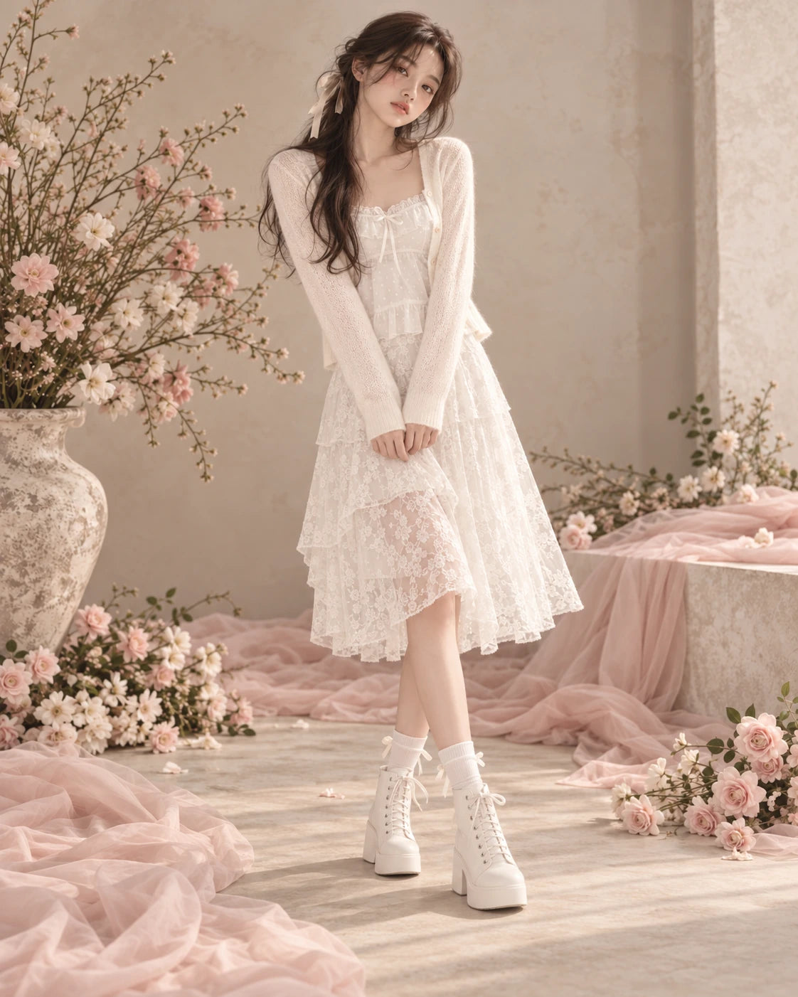 AI styling inspiration — Lace Afternoon, Studio edit. Not an exact product photograph. Pictured heeled boots are not the boots sold by rueseo.