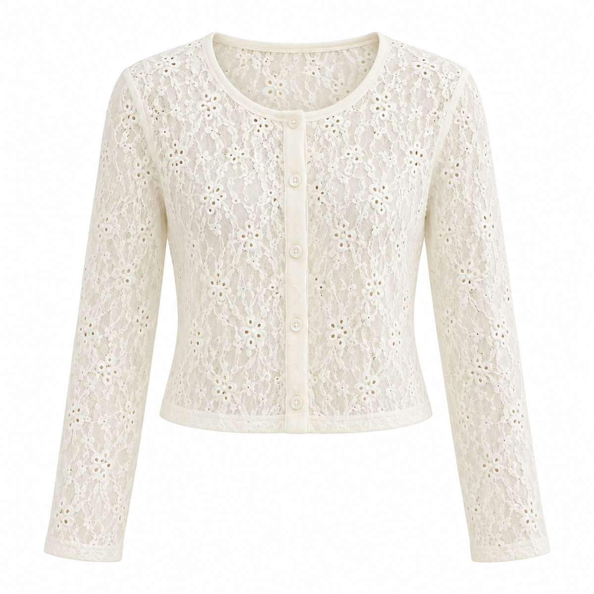 Lace Lightweight Button Up Cardigan in Ivory, isolated on white — AI-generated product visualization.