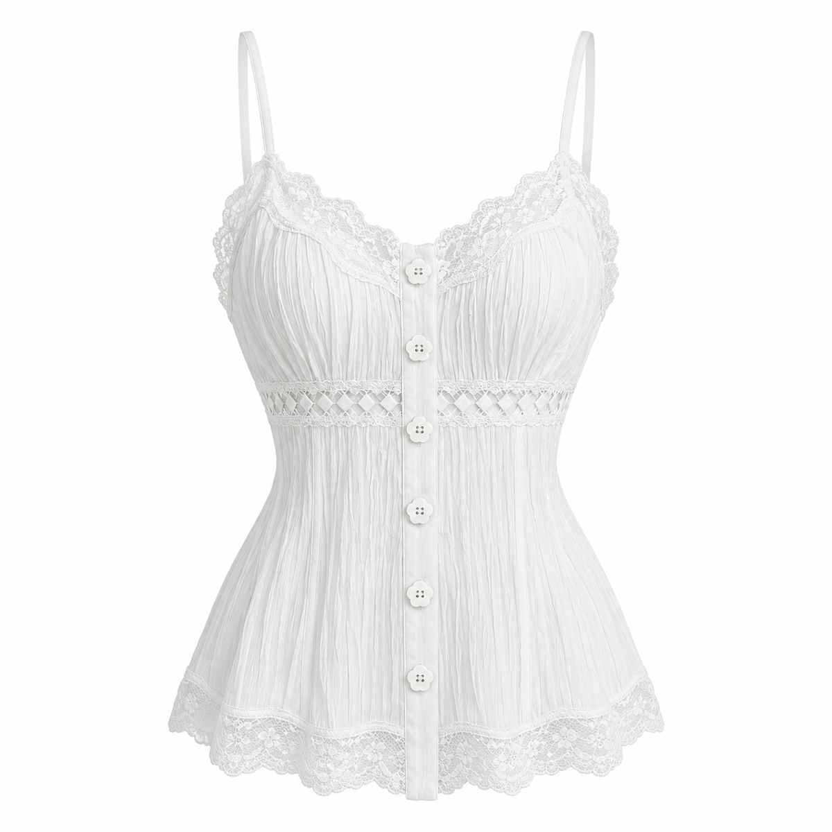 Lace Trim Cami in White, isolated on white — AI-generated product visualization.