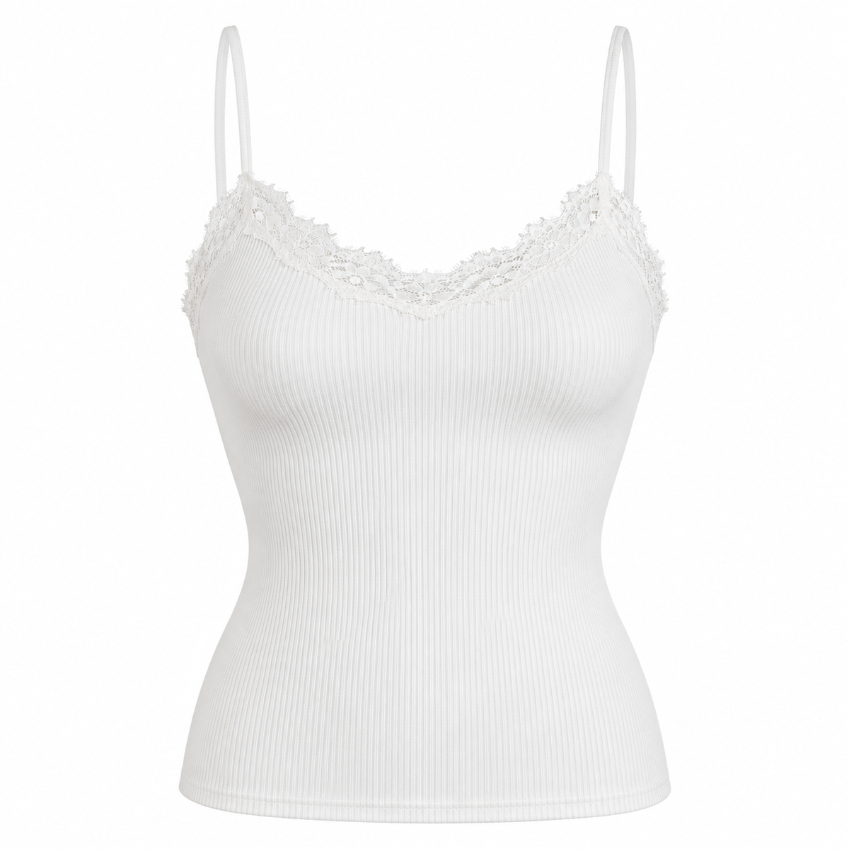 Lace Trim Ribbed Cami in White, isolated on white — AI-generated product visualization; see original photos for button details.