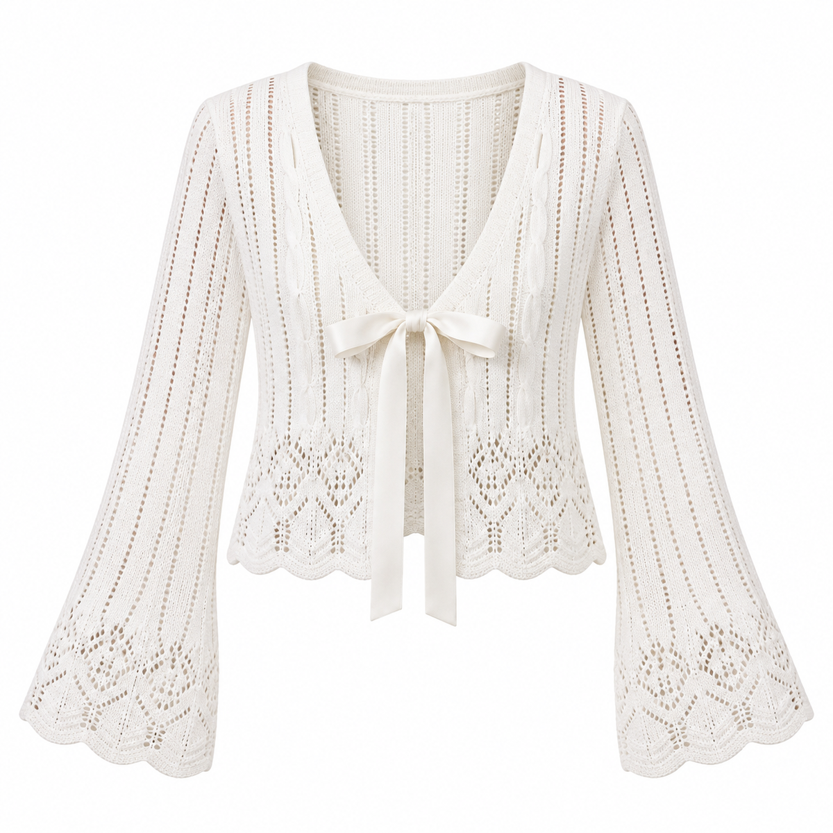 SO ME Textured Sweater Open Front Ribbon Tie Cardigan in Off White, isolated on white — AI-generated product visualization.