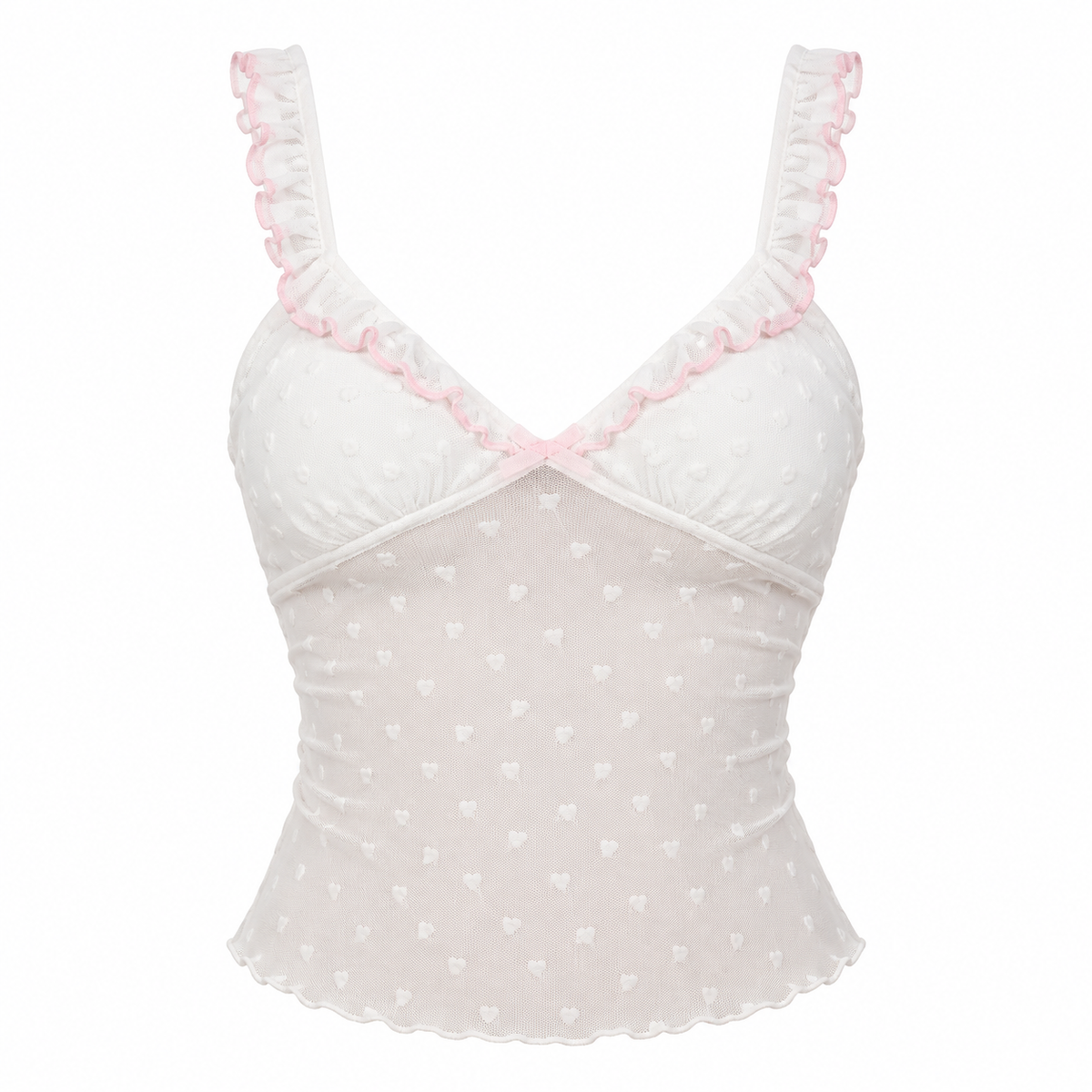Ruffle Trim Swiss Dot Cami Top in White with pale pink trim, isolated on white — AI-generated product visualization.