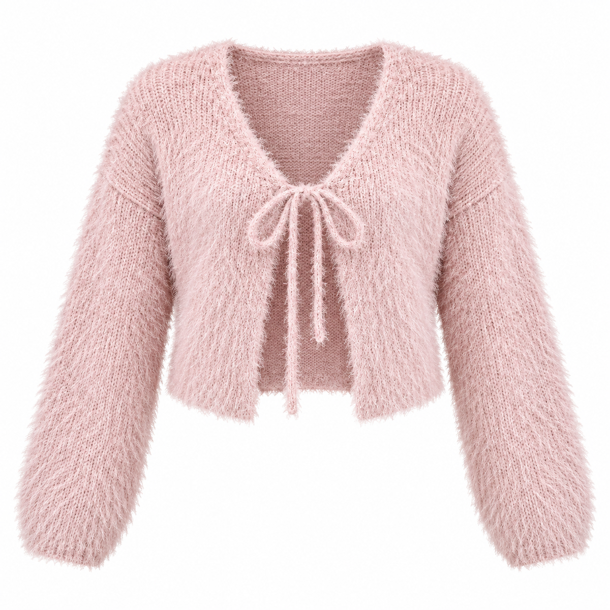 Tied Open Front Dropped Shoulder Cardigan in Blush Pink, isolated on white — AI-generated product visualization.