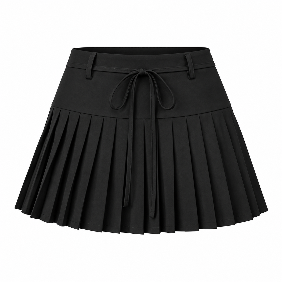 Tied Pleated Mini Skirt in Black, isolated on white — AI-generated product visualization.